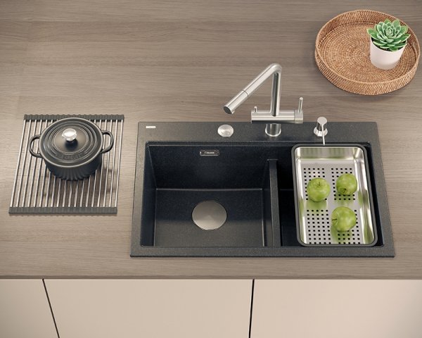 Quadron MARC 120 WORKSTATION GraniteQ zlewozmywak 2-komorowy 760*500*235 mm black diamond + syfon push to open + dozownik + deska + wkładka / elementy złote HQC7650U8PVDG1
