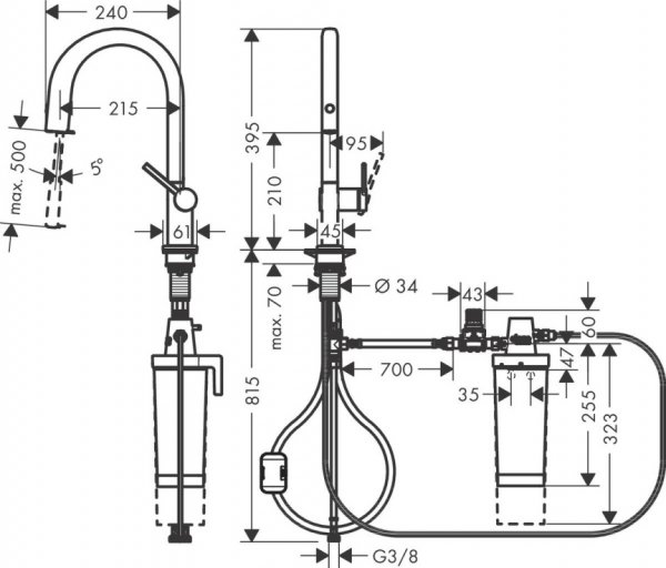 Hansgrohe Aqittura M91 Bateria kuchenna z wyciąganą wylewką z filtrem czarny mat 76801670