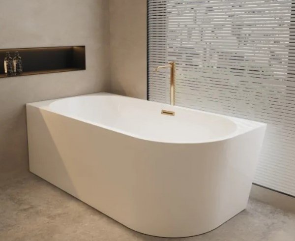 Balneo AVOLA Wanna wolnostojąca narożna lewa 170 x 80 cm biała akrylowa z ramą ze stali nierdzewnej i 6 nóżkami stabilizującymi z przelewem i korkiem miedzianym J0101060502-2