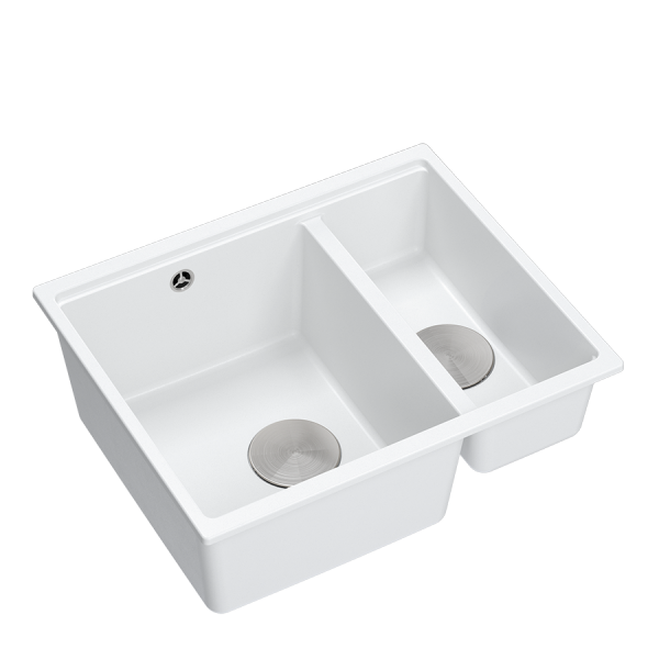 QUADRON | LOGAN 150 | granitowy zlewozmywak kuchenny BIAŁY + STAL | wymiary: 55,5 x 46 x 22 cm | 1,5-komorowy podwieszany| podbudowa szafki od: 60 cm HCQL5646U1BSU