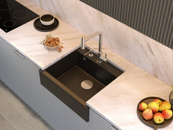 QUADRON BILL 110 GRANITEQ zlewozmywak wpuszczany 1-komorowy 595x540x205 mm, black diamond / elementy złote HCQB6054U8PVDG1
