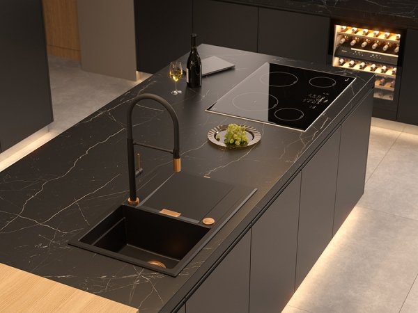 Quadron OWEN 111 GraniteQ zlewozmywak z syfonem Push 2 Open 1-komorowy z/o (760x500x215; kom. 330x430) pure carbon / elementy złote HQO7650U7PVDG1