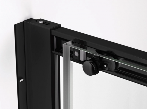 Ronal wejście narożne prawe na wymiar z drzwiami rozsuwanymi, kabina asymetryczna 60-90x0-200 cm, szkło przezroczyste, profile BLACK LINE czarny mat TLSDSM10607