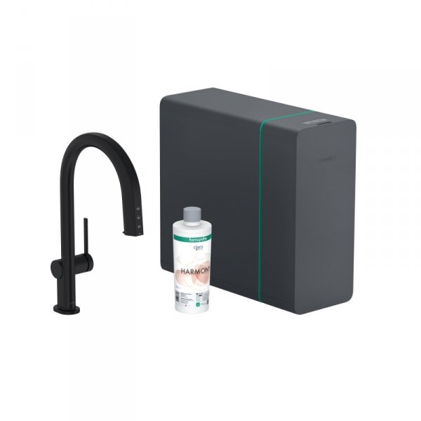 Hansgrohe Aqittura M91 SodaSystem 210 Bateria kuchenna wysoka z wyciąganą wylewką z filtrem czarny mat 76836670