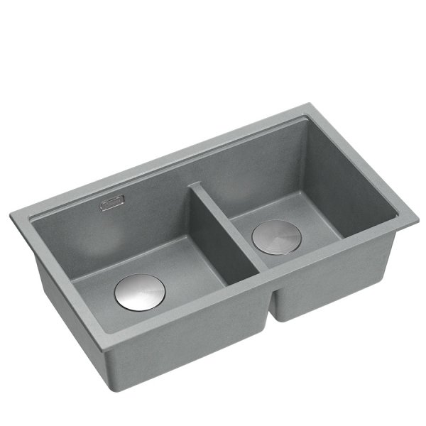 QUADRON | LOGAN 120 | granitowy zlewozmywak kuchenny SILVER STONE + STAL | wymiar: 76 x 45 x 23,5 cm | 2-komorowy podwieszany| podbudowa szafki od: 80 cm HQL7645U5BSU