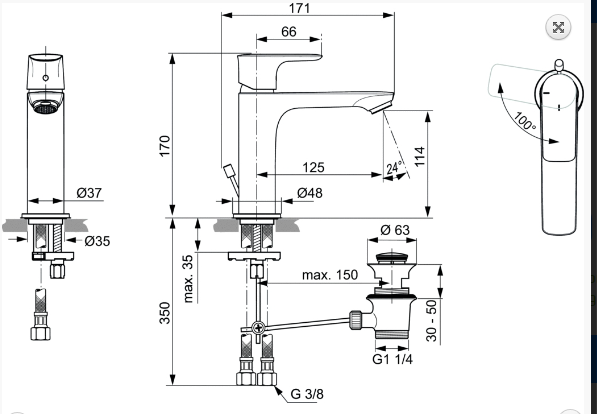 Ideal Standard Connect Air Grande Jednouchwytowa bateria umywalkowa z korkiem Blue Start chrom A7013AA