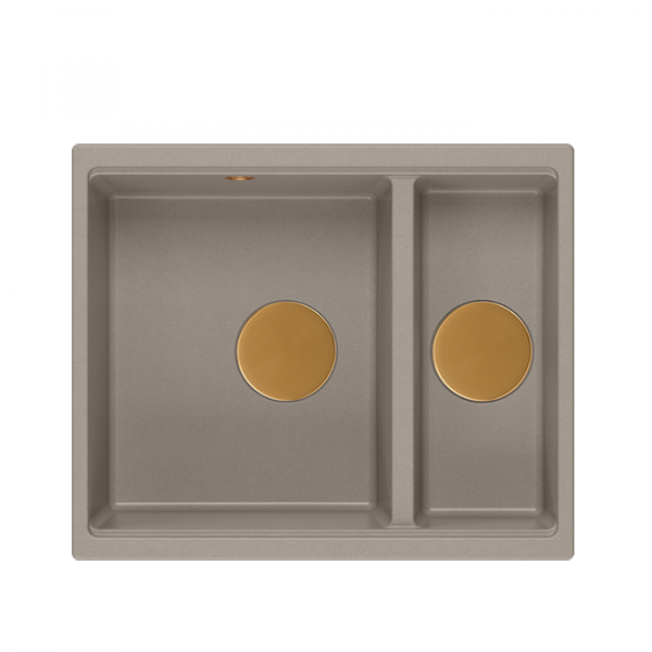 QUADRON | LOGAN 150 | granitowy zlewozmywak kuchenny SOFT TAUPE + MIEDŹ PVD | wymiary: 55,5 x 46 x 22 cm | 1,5-komorowy wpuszczany | podbudowa szafki od: 60 cm HCQL5646U4C1I