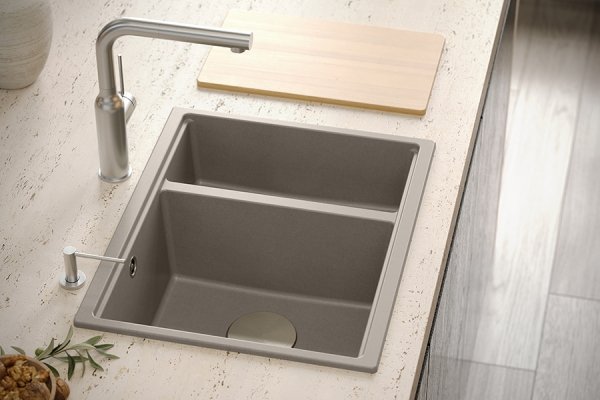 QUADRON | LOGAN 150 | granitowy zlewozmywak kuchenny SOFT TAUPE + MIEDŹ PVD | wymiary: 55,5 x 46 x 22 cm | 1,5-komorowy wpuszczany | podbudowa szafki od: 60 cm HCQL5646U4C1I