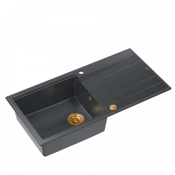 QUADRON EVAN 146 XL GraniteQ zlewozmywak z syfonem Push 2 Open 1-komorowy z/o (1000x500x210; kom. 420x480) black diamond / elementy miedziane HCQE10050U8PVDC1P2O