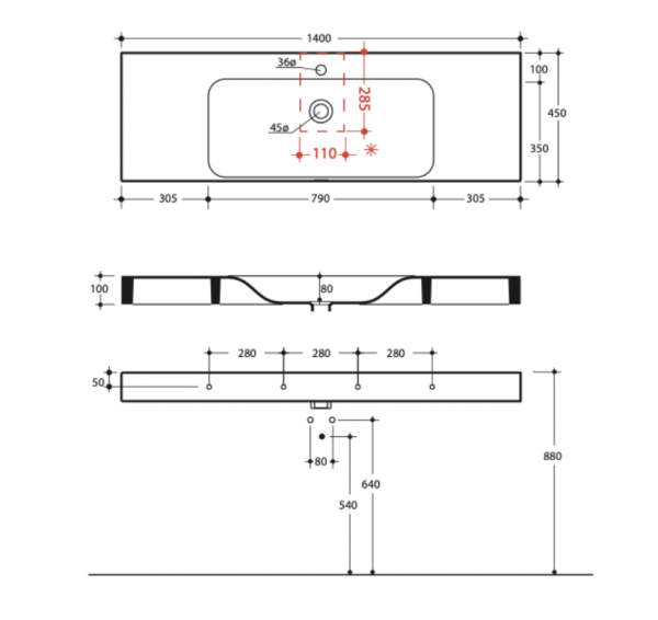 Kerasan 353581 CENTO umywalka 140X45 SOSP/z/o NOCCIOLA