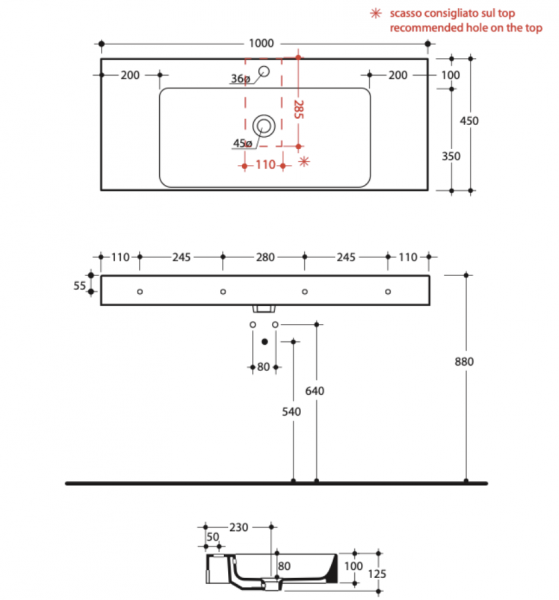 Kerasan 355001 CENTO umywalka 100X45 SOSP/z/o bianco