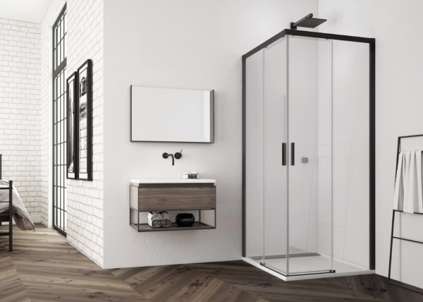 Ronal wejście narożne prawe na wymiar z drzwiami rozsuwanymi, kabina asymetryczna 90,1-120x0-200 cm, szkło Durlux 200, profile BLACK LINE czarny mat TLSDSM20622