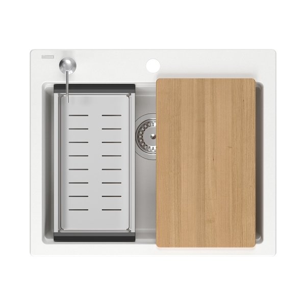 Quadron | KURT 110 | kuchenny zlewozmywak granitowy BIAŁY | wymiary: 59,5 x 50 x 21,5 cm | akcesoria: syfon, dozownik, deska, Qmata, wkładka ociekowa | 1-komorowy wpuszczany | podbudowa szafki: od 60 cm HCQK5052BIK