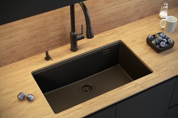 Quadron LOGAN 110 GraniteQ zlewozmywak pure carbon 76x44x23,5 cm 1-komorowy podwieszany z syfonem manualnym złoty HQD7644U7PVDG1U