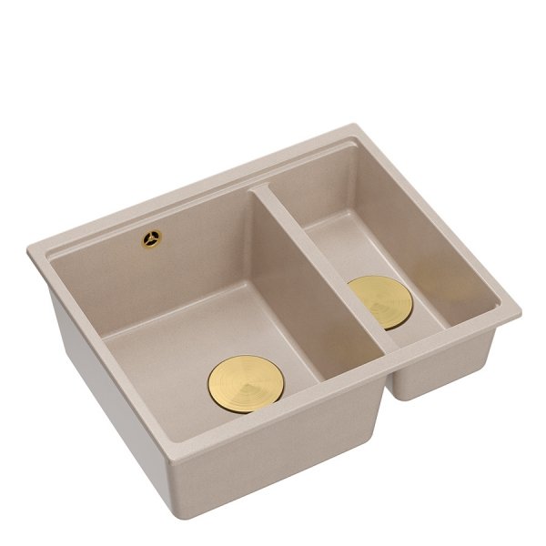 Quadron LOGAN 150 GraniteQ zlewozmywak pearl beige 56x46x22 cm 1,5-komorowy b/o podwieszany + syfon manualny złoty save space HCQL5646U2G1U