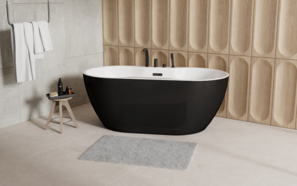 Besco Navia B&amp;W 150 wanna wolnostojąca czarna/biała + maskownica syfonu z przelewem gun metal WAS150NBGR