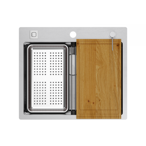 Quadron BURT 100 Workstation SteelQ zlewozmywak 1-komorowy b/o stal szlachetna 580*485 mm + syfon push to open + dozownik stal szcz. + wkładka ociekowa+ Qmata + deska drewniana + nakładka MF5850BS