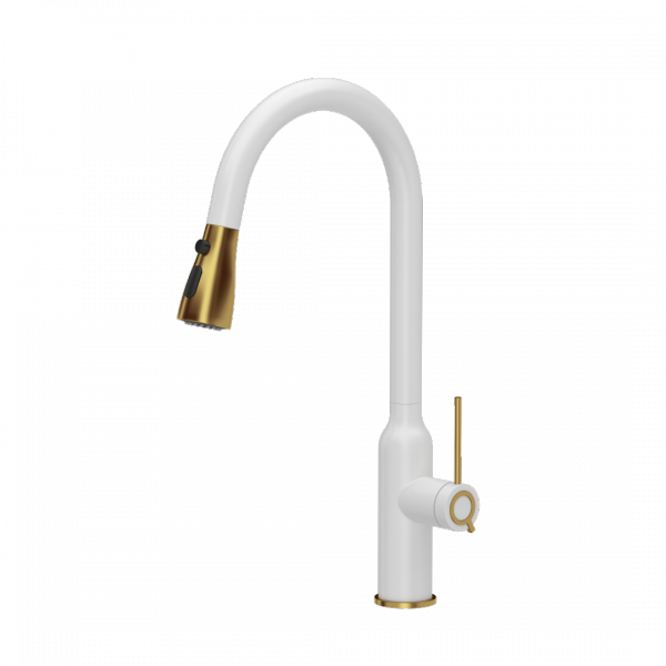 QUADRON Bateria kuchenna JESSICA Q LINE Pull out shower SteelQ snow white mat/Nano PVD złoty 3573591WHMPVDG1