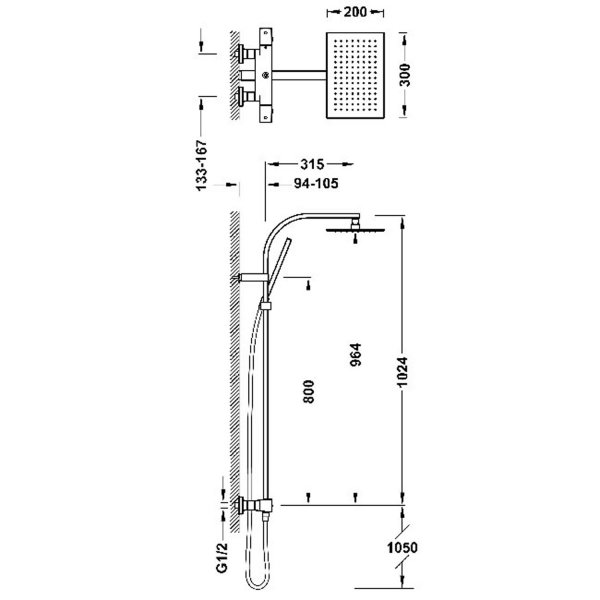 Tres OVER-WALL Zestaw baterii termostatycznej naściennej 2-drożnej prysznicowej-19039306NM