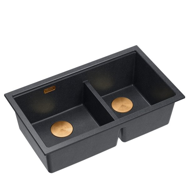 QUADRON | LOGAN 120 | granitowy zlewozmywak kuchenny BLACK DIAMOND + MIEDŹ PVD | wymiar: 76 x 45 x 23,5 cm | 2-komorowy wpuszczany | podbudowa szafki od: 80 cm HQL7645U8PVDC1I