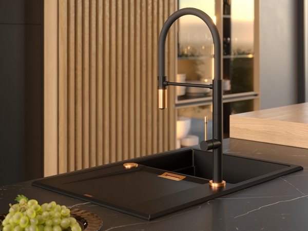Quadron OWEN 111 GraniteQ zlewozmywak z syfonem Push 2 Open 1-komorowy z/o (760x500x215; kom. 330x430) black diamond / elementy złote HQO7650U8PVDG1