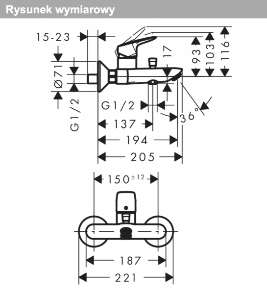 Hansgrohe Logis Jednouchwytowa bateria wannowa z 2 zakresami przepływu, natynkowa czarny mat 71401670