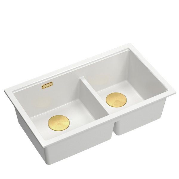 QUADRON | LOGAN 120 | granitowy zlewozmywak kuchenny SNOW WHITE + ZŁOTO PVD | wymiar: 76 x 45 x 23,5 cm | 2-komorowy podwieszany | podbudowa szafki od: 80 cm HQL7645U1PVDG1U