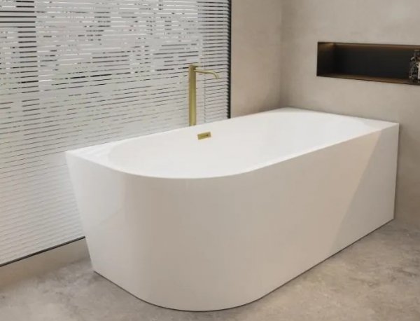Balneo AVOLA Wanna wolnostojąca narożna prawa 160 x 80 cm biała akrylowa z ramą ze stali nierdzewnej i 6 nóżkami stabilizującymi z przelewem i korkiem złotym J0101040402-1