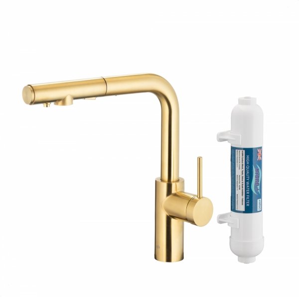 KFA DUERO PURE BASIC BRUSHED LIGHT GOLD bateria kuchenna z filtracją wody oraz wyciąganą wylewką 662311239