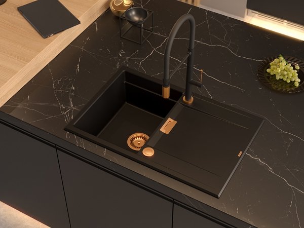 Quadron OWEN 111 GraniteQ zlewozmywak z syfonem Push 2 Open 1-komorowy z/o (760x500x215; kom. 330x430) black diamond / elementy miedziane HQO7650U8PVDC1