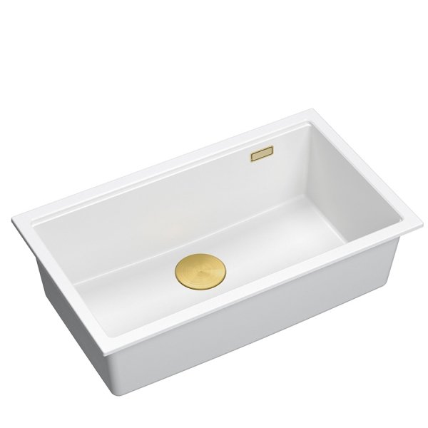 Quadron LOGAN 110 GraniteQ zlewozmywak snow white 76x44x23,5 cm 1-komorowy podwieszany z syfonem manualnym złoty HQD7644U1PVDG1U
