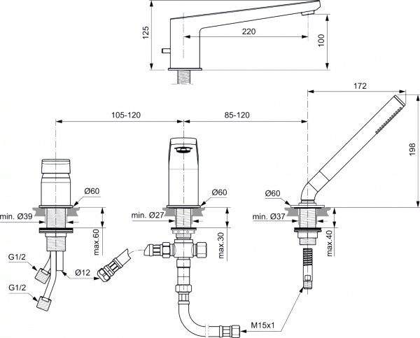 Ideal Standard Tonic II bateria wannowo-prysznicowa 3-otworowa chrom A6348AA