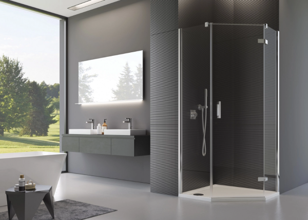 Ronal Sanswiss ścianka boczna do kabiny pięciokątnej 100,1-160x200 cm, szkło pas satynowy poziomy, profile chrom PUT51PSM11051