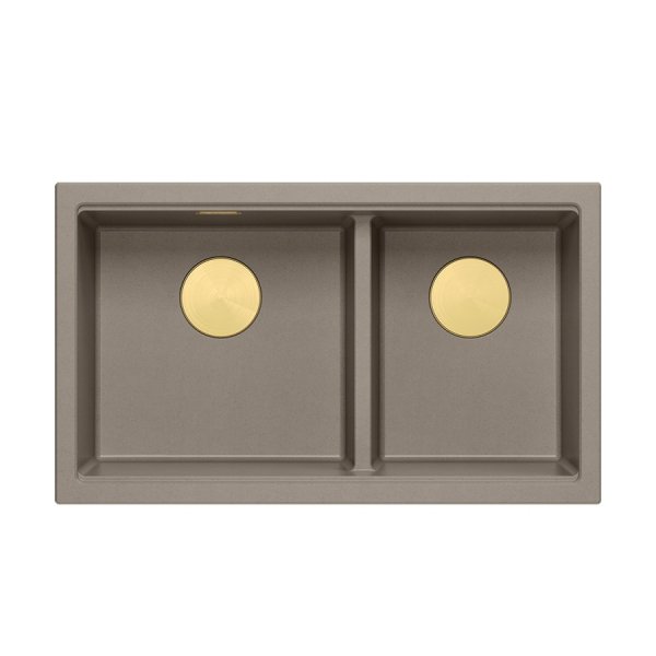 QUADRON | LOGAN 120 | granitowy zlewozmywak kuchenny SOFT TAUPE + ZŁOTO PVD | wymiar: 76 x 45 x 23,5 cm | 2-komorowy podwieszany | podbudowa szafki od: 80 cm HQL7645U4PVDG1U