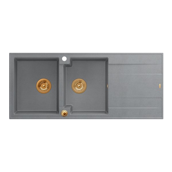 QUADRON EVAN 121 GraniteQ zlewozmywak z syfonem Push To Open 2-komorowy z/o (1160x500x210; kom. 420x340) silver stone / elementy miedziane HQE11650U5PVDC1P2O
