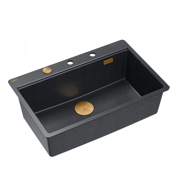 QUADRON | MARC 110 FM  granitowy zlewozmywak kuchenny CZARNY + MIEDŹ PVD | wymiary: 75 x 49 x 24 cm | akcesoria: syfon, dozownik, deska | 1-komorowy na równi w blatem | podbudowa szafki od: 80 cm HQM7650U8FMPVDC1