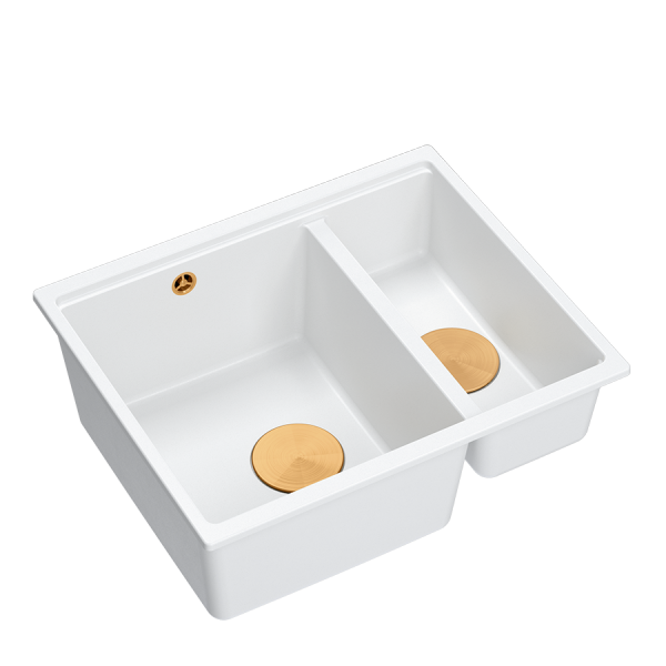 QUADRON | LOGAN 150 | granitowy zlewozmywak kuchenny BIAŁY + MIEDŹ PVD | wymiary: 55,5 x 46 x 22 cm | 1,5-komorowy podwieszany | podbudowa szafki od: 60 cm HCQL5646U1C1U