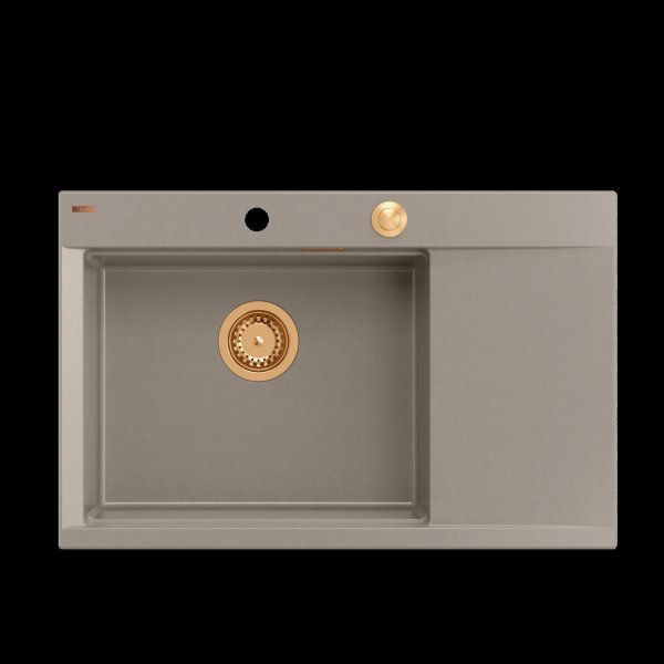 Quadron JOSH 111 GraniteQ zlewozmywak 1-komorowy z/o (780x500x215) soft taupe + syfon push 2 open + deska + wkładka/ elementy miedziane HCQJ7850U4PVDC1P2O