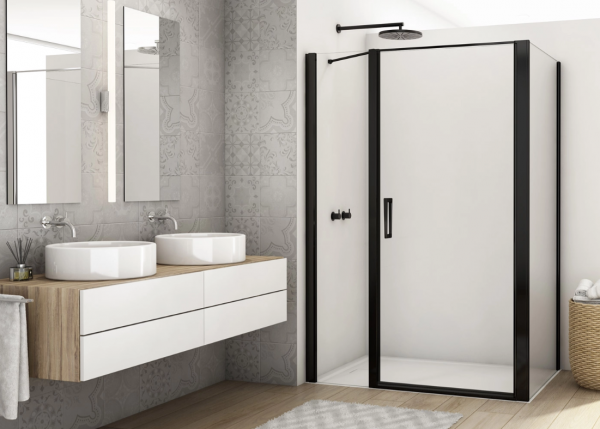 Ronal drzwi wahadłowe jednoczęściowe ze ścianką stałą w linii 110x200 cm, szkło przezroczyste, profile BLACK LINE czarny mat D22T31080300607