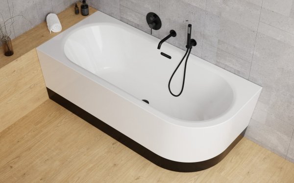 Besco Avita A-line wanna wolnostojąca 150 P + syfon klik-klak czarny z przelewem slim WAA150APCS