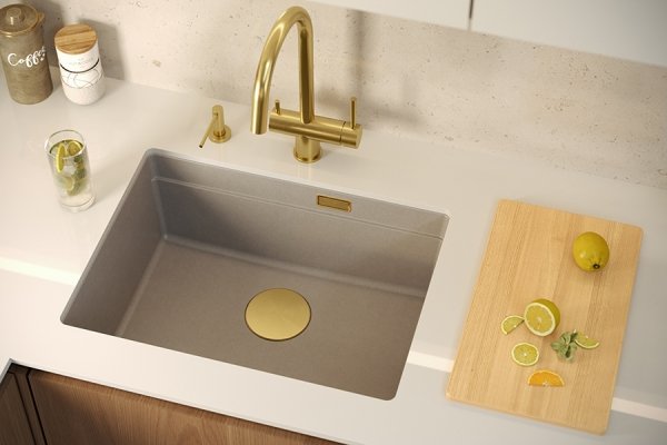 Quadron LOGAN 100 GraniteQ zlewozmywak pearl beige 56x45x21,5 cm 1-komorowy podwieszany z syfonem manualnym stal szlachetna HQJ6045U2BSU