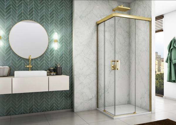 Ronal Sanswiss wejście narożne rozsuwane dwuczęściowe lewe 120,1-160x0-200 cm, szkło przezroczyste, profile GOLD LINE złoty CAE2GSM21207