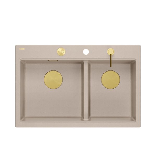 Quadron MARC 120 WORKSTATION GraniteQ zlewozmywak 2-komorowy 760*500*235 mm pearl beige + syfon push to open + dozownik + deska + wkładka / elementy złote HQC7650U2PVDG1