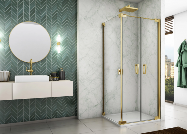 Ronal Sanswiss drzwi wahadłowe dwuczęściowe z profilem przyściennym 110x200 cm, szkło przezroczyste, profile GOLD LINE złoty CA2C1101207
