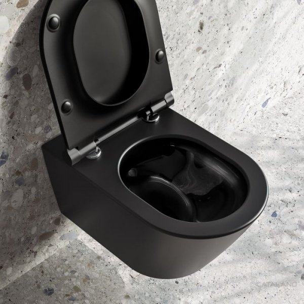Catalano New Zero Toaleta WC podwieszana 55x35 cm Newflush bez kołnierza czarna satynowa 1VS55NRNS z deską wolnoopadającą 5SCSTPNS i kompletem mocowań KFST