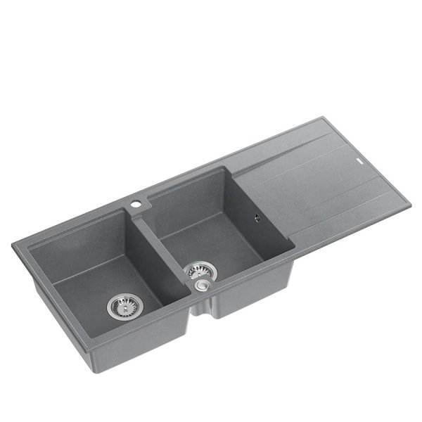 QUADRON EVAN 121 GraniteQ zlewozmywak z syfonem Push To Open 2-komorowy z/o (1160x500x210; kom. 420x340) silver stone / elementy stalowe HQE11650U5BSP2O