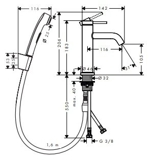 Tecturis S Jednouchwytowa bateria umywalkowa 110 z główką Bidetta i wężem prysznicowym 160 cm Czarny Matowy 73211670