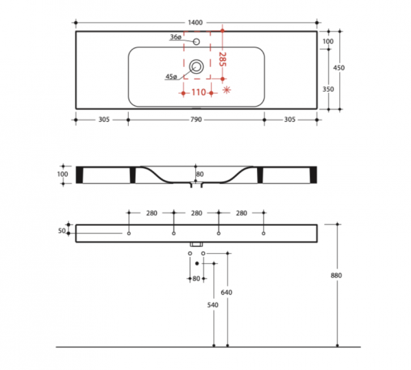 Kerasan 353559 CENTO umywalka 140X45 SOSP/z/o GRIGIO MAT