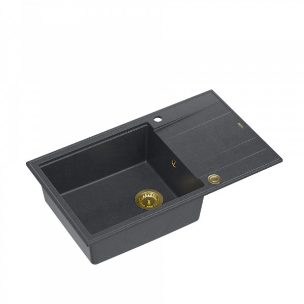 QUADRON EVAN 136 XL GraniteQ zlewozmywak z syfonem Push to Open 1-komorowy z/o (860x500x210; kom. 420x490) black diamond / elementy złote HCQE58650U8PVDG1P2O