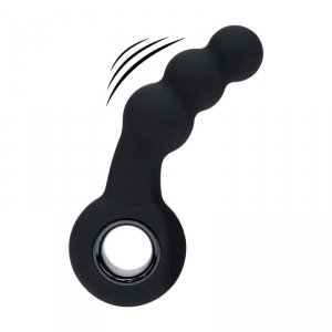 Vibrating Beaded Silicone Prostate Massager with Loop - Black
